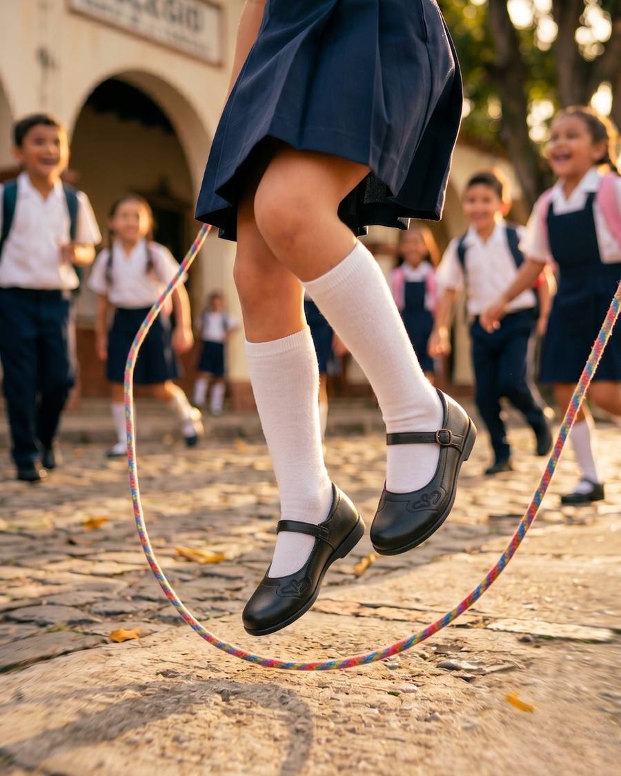 Niña saltando la cuerda con zapatos escolares SAVAYA